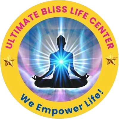 Logo showing a person meditating with blue light rays inside a yellow circular border with text Ultimate Bliss Life Center and We Empower Life